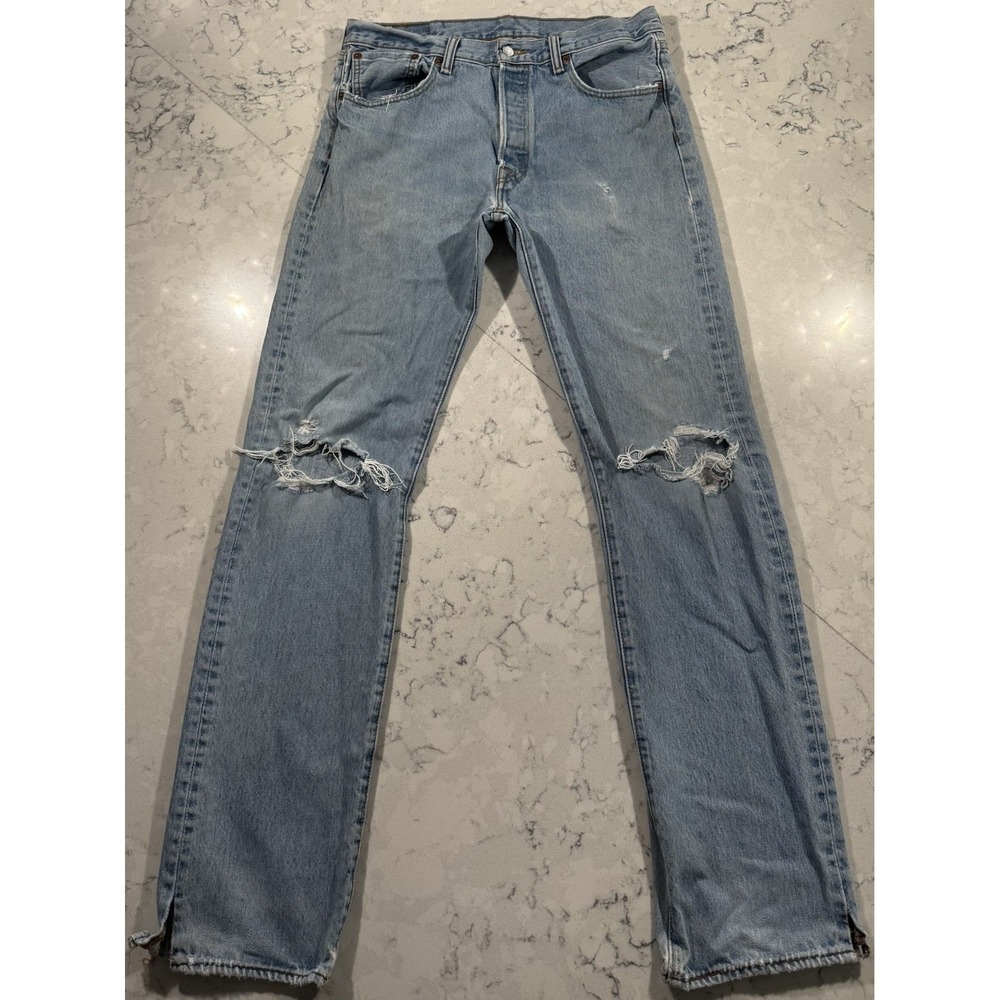 Levi's 501 Jeans Mens 33x34 Blue Light Wash Button Fly Distressed Ripped Grunge